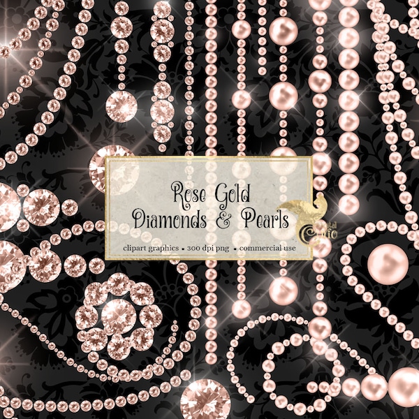 Rose Gold Diamonds and Pearls Clipart, sparkling bling jewel clip art graphics with rose gold pearls and gemstones