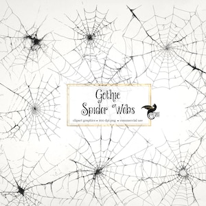 Könnte beinhalten: Gothic-Themen-Cliparts mit detaillierten Spinnennetz- und Schädelillustrationen in Schwarz-Weiß. Die Netze sind mit feinen Linien gezeichnet. Der Text "Gothic Spider Webs" wird in einer dekorativen Schriftart angezeigt.
