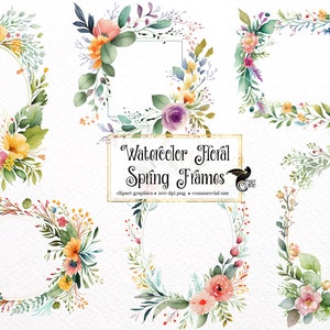 Clipart di cornici floreali di primavera dell'acquerello - download istantaneo in formato PNG dell'acquerello di primavera di cornici di fiori selvatici per uso commerciale
