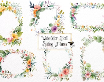 Watercolor Spring Floral Frames Clipart - wildflower frames springtime watercolor PNG format instant download for commercial use