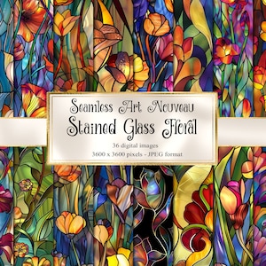 May include: A set of 36 digital seamless patterns featuring stained glass floral designs in a vibrant Art Nouveau style. Each pattern is 3600 x 3600 pixels and in JPEG format.