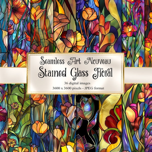 Art Nouveau Floral Stained Glass Digital Paper, seamless printable textures printable scrapbook paper