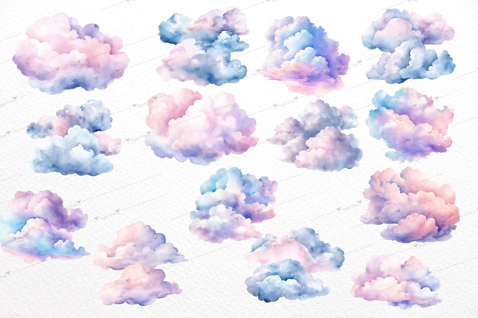 Watercolor Pastel Clouds Clipart, Fluffy Cloud Graphics (digital ...