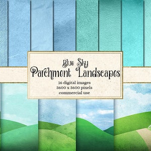 Blue Sky Perkament Landschap digitaal papier, blauwe texturen, afdrukbaar plakboekpapier, achtergronden met glooiende heuvels, vintage papier verweerd