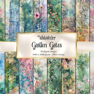 Sfondi acquerello Garden Gate, carta digitale con lavaggio ad acquerello, carta scrapbook stampabile giardino primaverile floreale