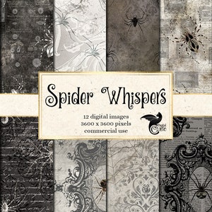Spider Whispers Digital Paper, printable scrapbook paper Halloween instant download with vintage spiders and gothic grunge textures