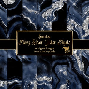 Carta digitale in agata blu scuro con glitter argento, lamina di geode e sfondi senza soluzione di continuità con glitter argento