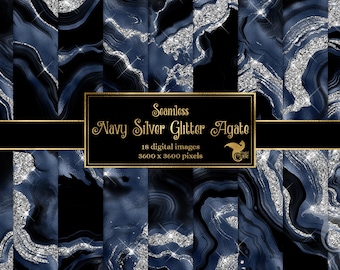 Navy Silber Glitter Achat Digitales Papier, nahtlose Folien-Hintergründe (digitaler Download)