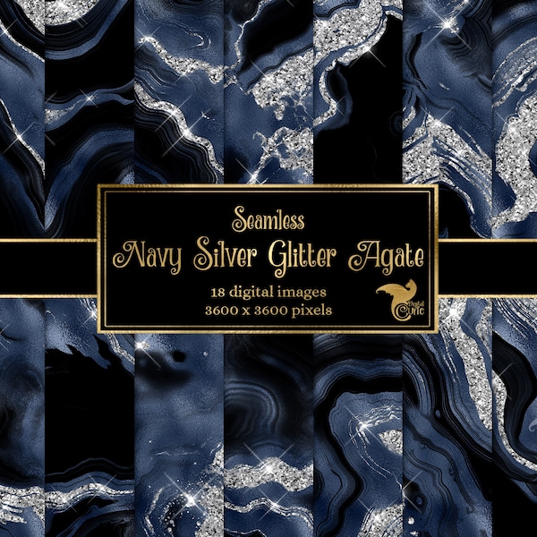 Navy Silver Glitter Agate Digital Paper, geode foil and silver glitter seamless backgrounds