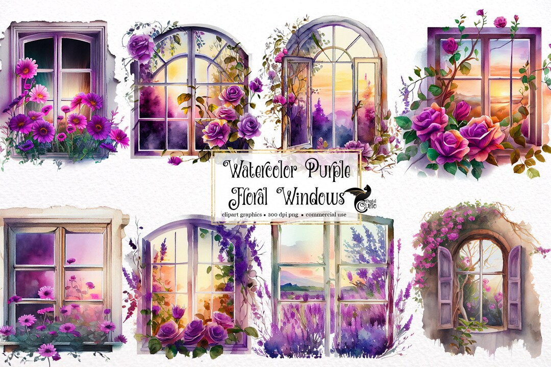 Watercolor Floral Window Clipart – Purple Spring Flowers (PNG, Digital ...