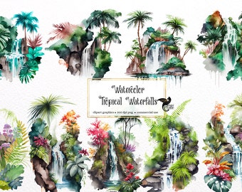 Watercolor Tropical Waterfalls Clipart - Island Scenery PNG (Digital Download)