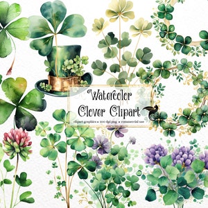 Clipart trèfle aquarelle - Couronnes de trèfle floral téléchargement immédiat au format PNG pour un usage commercial