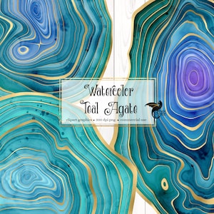May include: Three watercolor teal agate slices with gold veining. The agate slices are on a white wood background. The text "Watercolor Teal Agate" is in the center of the image.