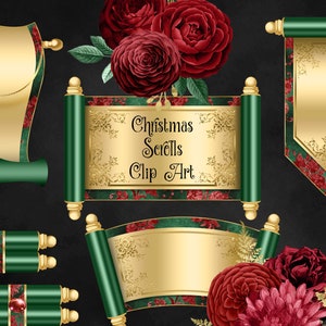 May include: A set of digital clip art featuring Christmas scrolls with gold and green accents. The scrolls are decorated with red floral designs and have blank spaces for text. The text "Christmas Scrolls Clip Art" is displayed on one of the scrolls.
