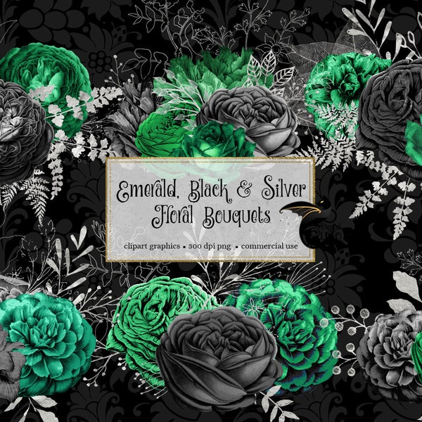 Emerald, Black and Silver Floral Bouquets Clipart, digital instant download green and silver foil flower embellishments for commercial use