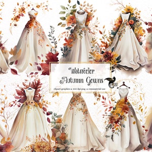 Watercolor Autumn Gowns Clipart, fall wedding dresses and gowns PNG clip art graphics instant download for commercial use