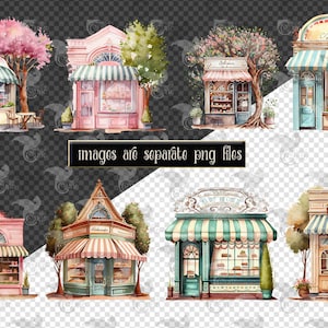 Watercolor Bakery Storefronts Clipart cute bakery shop cafe PNG format instant download for commercial use image 4