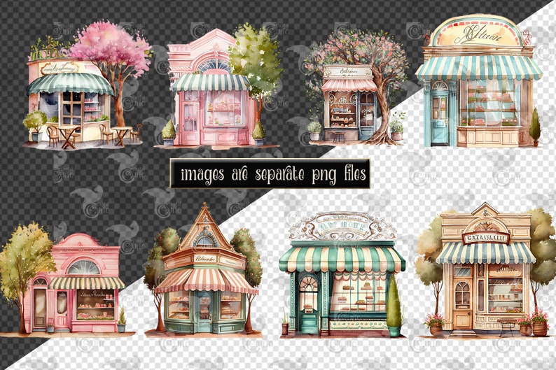 Watercolor Bakery Storefronts Clipart cute bakery shop cafe PNG format instant download for commercial use image 4