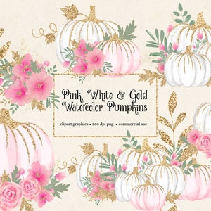 Watercolor Pumpkin Clip Art – Pink, White & Gold (PNG Digital Download)