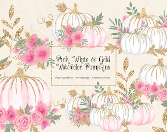 Pink White and Gold Watercolor Pumpkins Clip Art - sparkling gold pumpkins in PNG format instant download for commercial use