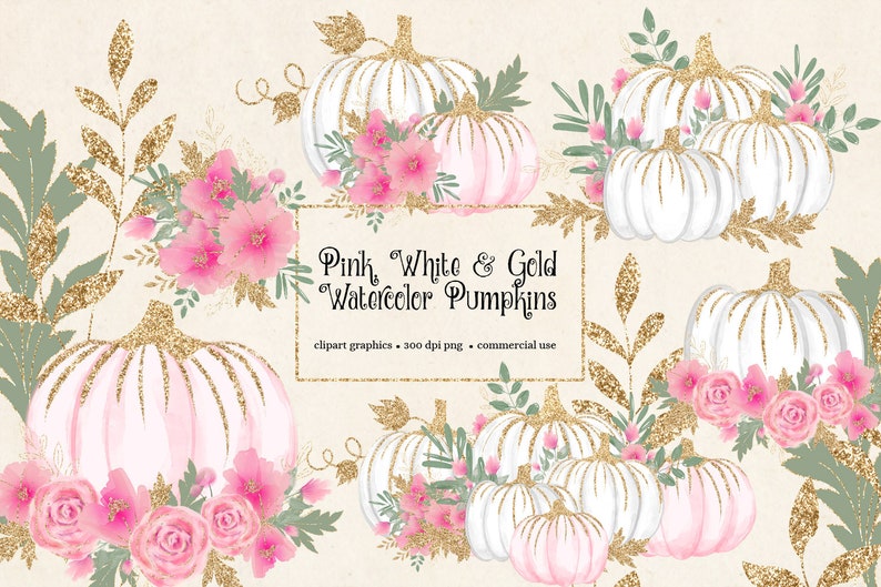 Watercolor Pumpkin Clip Art – Pink, White & Gold (PNG Digital Download ...