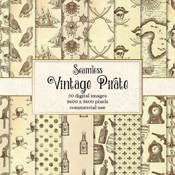 Vintage Pirate Digital Paper, modelli nautici antichi senza soluzione di continuità, mappa del tesoro pirata stampabile, carta scrapbook, download istantaneo