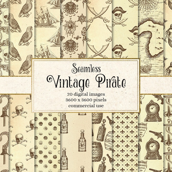 Vintage Pirate Digital Paper, Nautical Seamless Patterns (Digital Download)