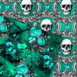 Seamless Teal Gothic Digital Paper, Skull Damask Halloween Scrapbook ...