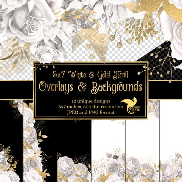 5x7 White and Gold Floral Overlays for invitations, planners, journal pages, vintage flower clipart, wedding frames clip art