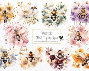 Watercolor Floral Honey Bee Clipart – Flower PNG Images (Digital Download)