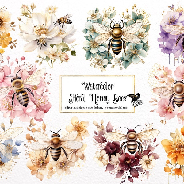 Watercolor Floral Honey Bee Clipart - cute bees with flowers and leaves in PNG format instant download for commercial use