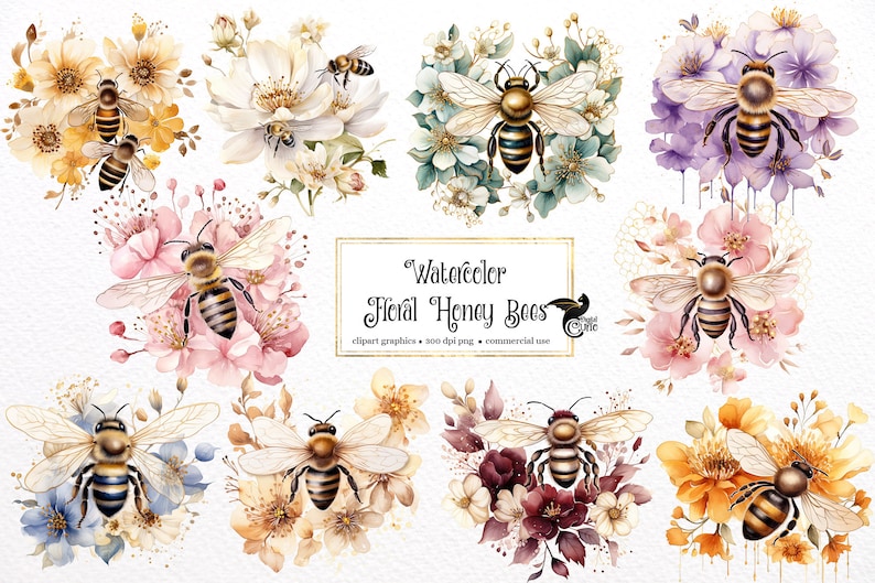 May include: Watercolor illustrations of honey bees surrounded by colorful floral arrangements. The image features various bees with detailed wings and striped bodies, set against bouquets of yellow, white, pink, and purple flowers. Text reads "Watercolor Floral Honey Bees".