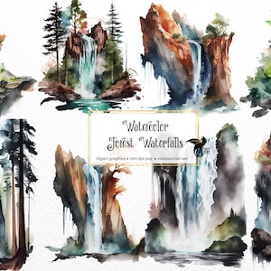 May include: Watercolor illustrations of forest waterfalls. The illustrations feature a variety of waterfalls, with different rock formations and foliage. The illustrations are painted in a realistic style, with a focus on detail and texture.