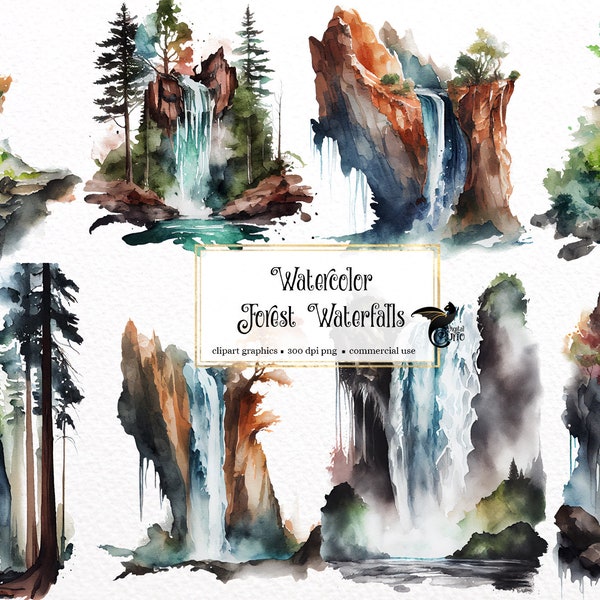 Clipart de cascades de forêt aquarelle - forêt nature paysage paysage PNG format téléchargement instantané pour un usage commercial