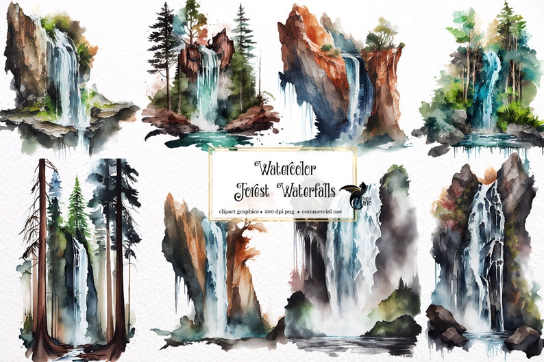 May include: Watercolor illustrations of forest waterfalls. The illustrations feature a variety of waterfalls, with different rock formations and foliage. The illustrations are painted in a realistic style, with a focus on detail and texture.