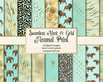 Mint and Gold Animal Skins digital paper, seamless African animal print, giraffe, zebra, leopard, tiger stripe, safari scrapbook paper