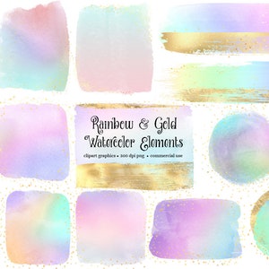 Rainbow and Gold Watercolor Elements Clipart, marcos de acuarela en formato PNG digital de pintura pastel, descarga instantánea para uso comercial