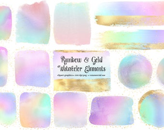 Rainbow and Gold Watercolor Elements Clipart, watercolour frames in pastel paint digital PNG format instant download for commercial use