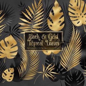 Zwart en goud tropische bladeren Clipart, goud folie tropisch blad PNG clip art graphics en frame instant download voor commercieel gebruik
