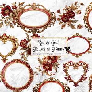 Red and Gold Flowers and Frames Clipart, rococo Valentine illustrations digital illustrations PNG instant download commercial use