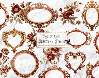 Red and Gold Flowers and Frames Clipart, rococo Valentine illustrations digital illustrations PNG instant download commercial use