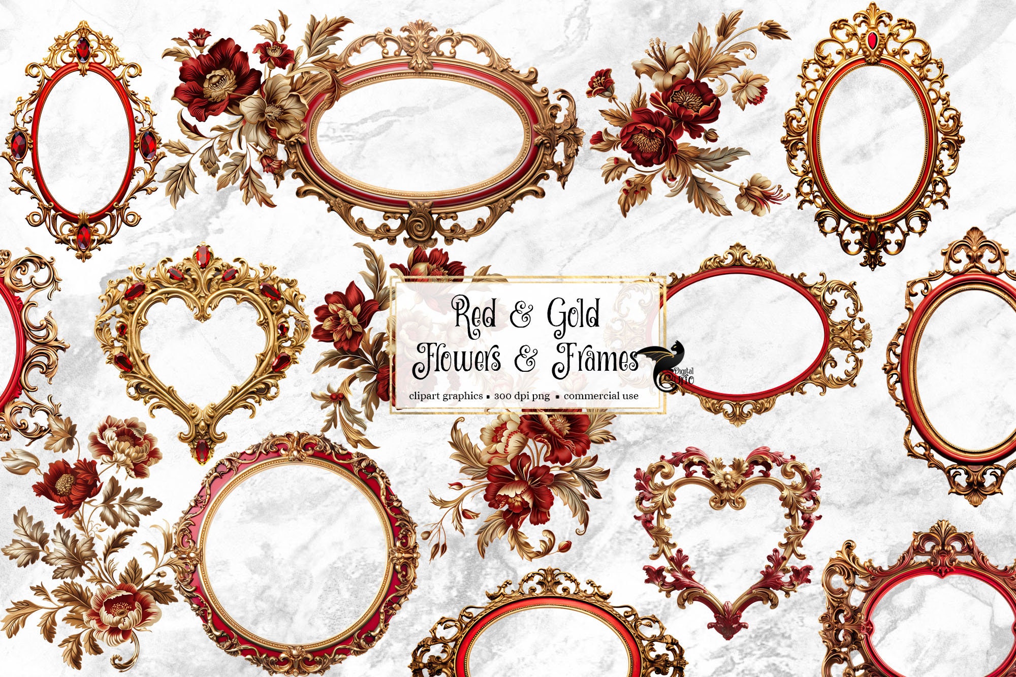 Red and Gold Rococo Flowers and Frames Clipart (PNG, Digital Download ...