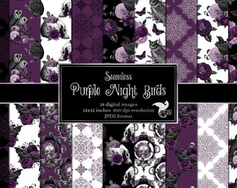 May include: A set of 18 digital seamless patterns featuring purple roses, skulls, owls, and butterflies on a white, black, or purple background. The patterns are 12x12 inches and 300 dpi resolution in JPEG format.