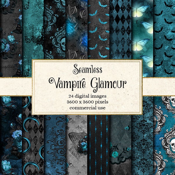 Vampire Glamour Digital Paper, Halloween seamless backgrounds pattern gothic damask black and blue rose teal distressed grunge textures