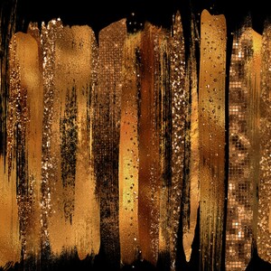 May include: A collection of gold paint brushstrokes with glitter and mosaic textures on a black background.