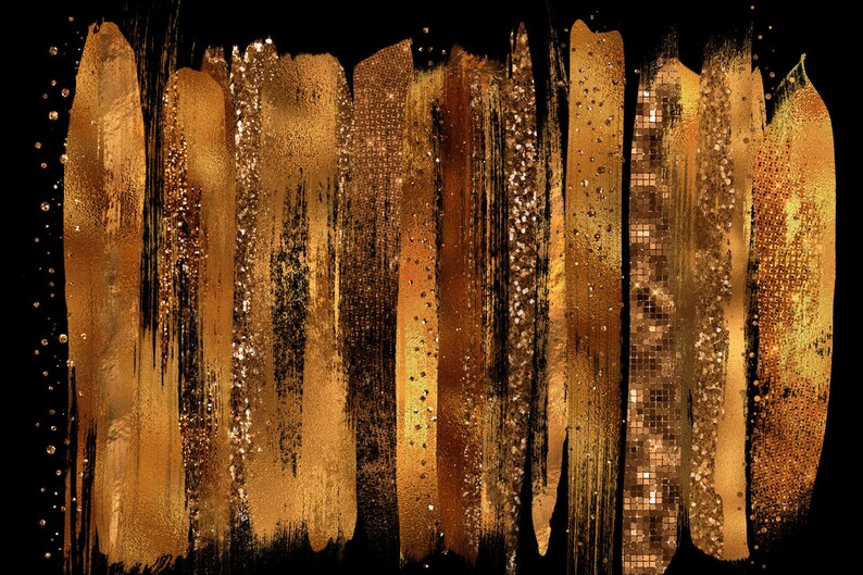 May include: A collection of gold paint brushstrokes with glitter and mosaic textures on a black background.