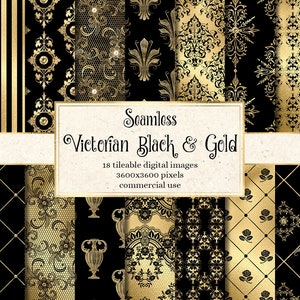 Victorian Black and Gold Digital Paper, ornate seamless patterns with damask ornaments and printable gold foil for commercial use