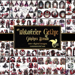 Watercolor Gothic Graphics Bundle, Halloween fashion witch graphics in PNG format for commercial use
