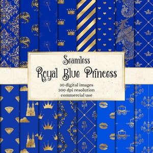 Royal Blue en Gold Princess Digital Paper, naadloze sprookjesprinses patronen afdrukbare scrapbook papier achtergronden commercieel gebruik