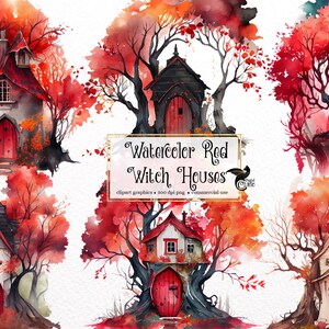 Watercolor Red Witch Houses Clipart - fall cute little cottages PNG format instant download for commercial use